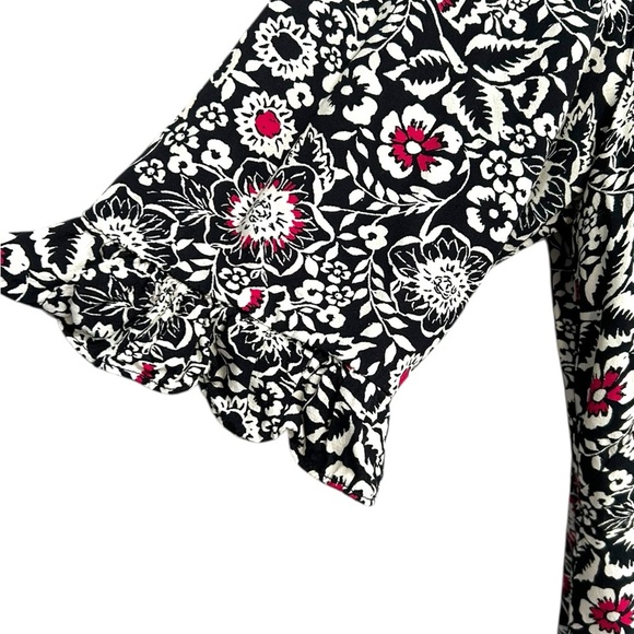 LOFT Women’s Black White Pink Floral Ruffle Cuff Midi Dress Zip Back - Size 12 - Picture 6 of 10